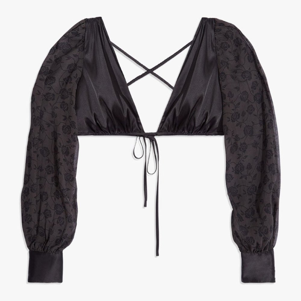 Black Puff Sleeve Tie Back Top